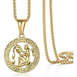Gold Plated Zodiac Sign Pendant Necklace for Women Men Leo Aries Constellation